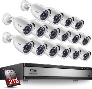ZOSI H.265+ 1080p 16 Channel Security Camera System, 16 Channel DVR Recorder with Hard Drive 2TB and 16 x 1080p Weatherproof CCTV Bullet Camera. Unopened