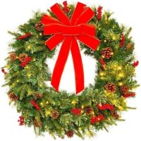 24" Pre-Lit Battery Powered Christmas Wreath w/ Lights, PVC Tips, Ribbon&nbsp;