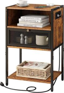 SOOWERY Nightstand with Charging Station, 3 Tiers Storage Space and Door, Brown