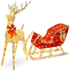 Lighted Christmas Reindeer & Sleigh Outdoor Decor Set w/ LED Lights