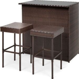 3-Piece Outdoor All-Weather Wicker Bar Table Set w/ 2 Stools 