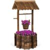 Rustic Wooden Wishing Well Planter Yard Decoration w/ Hanging Bucket 