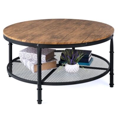 2-Tier Round Industrial Wood & Steel Coffee Table, Storage Shelves - 35.5in 