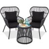 3-Piece Patio Wicker Conversation Bistro Set w/ 2 Chairs, Glass Top Table 