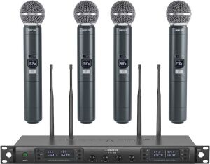 Phenyx Pro Wireless Microphone System, Quad Channel Wireless Mic, w/ 4 Handheld Dynamic Microphones, 4x40 Channels, Auto Scan, Long Distance 328ft