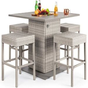 5-Piece Wicker Bar Set w/ 4 Stools, Built-In Bottle Opener, Hidden Storage 