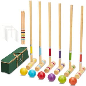 ApudArmis Six Player Croquet Set with Premium Rubber Wooden Mallets, Colored Balls, Carry Bag 