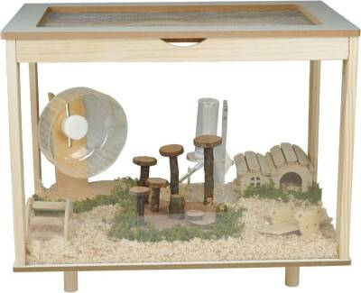 Small Animal Cage with Openable Top and 4 Transparent Acrylic Sheets, Wooden Frame