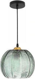 Bepuzz 8.6" Modern Glass Pendant Lights Chandelier Green Pumpkin Design with Ribbed Glass Shade Light Fixture
