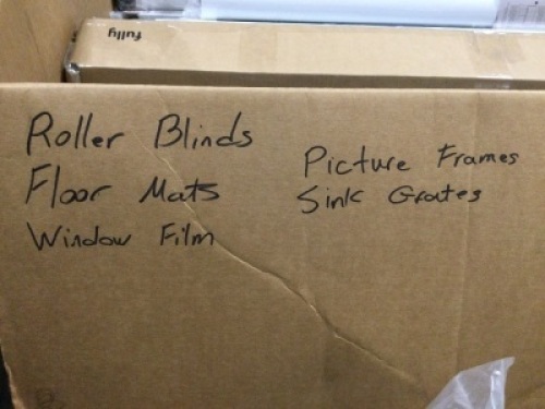 Large Mystery Box w/ Roller Blinds, Floor Mats, Window Film, Picture Frames, and Sink Grates