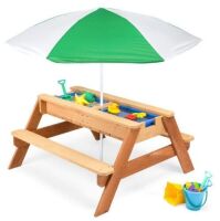 3-in-1 Kids Sand & Water Table Outdoor Wood Picnic Table w/ Umbrella&nbsp;