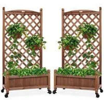 Set of 2 Wood Planter Box & Lattice Trellis w/ Optional Wheels - 48in