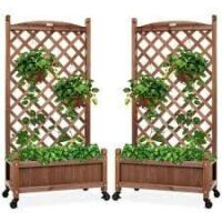 Set of 2 Wood Planter Box & Lattice Trellis w/ Optional Wheels - 48in