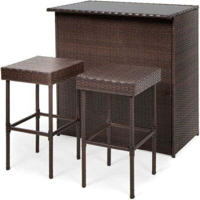 3-Piece Outdoor All-Weather Wicker Bar Table Set w/ 2 Stools 