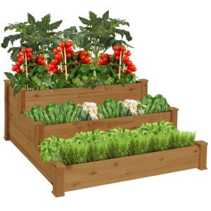 3-Tier Raised Fir Wood Garden Bed Planter w/ Stackable & Flat Setup