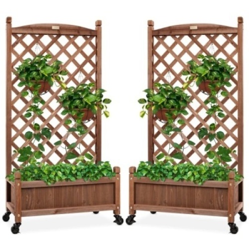 Set of 2 Wood Planter Box & Lattice Trellis w/ Optional Wheels - 48in