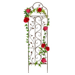 Iron Arched Garden Trellis Fence Panel w/ Branches, Birds