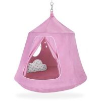 Kids Indoor & Outdoor Hanging Hammock Swing Tent Set w/ Inflatable Base, Ropes, and LED String Lights, Pink