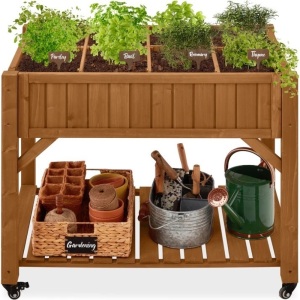 Elevated Mobile Pocket Herb Garden Bed w/ Lockable Wheels, Storage Shelf