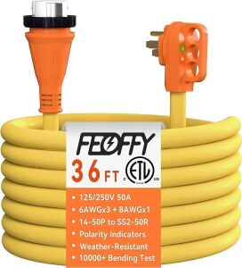 FEOFFY 50 Amp RV Generator Extension Cord LED Safe Indicators & Twist Lock 36 FT