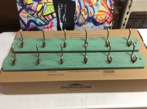 Lot of (3) Dokehom&nbsp;6-Antique Brass Hooks&nbsp;on Natural Pine Wooden Coat Rack Hanger, Mediterranean Blue, Set of 2 - Appear New&nbsp;