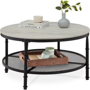 2-Tier Round Industrial Wood & Steel Coffee Table, Storage Shelves