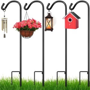 Set of 4 Shepherd Hooks Outdoor Garden Hooks w/ 2-Prong Base