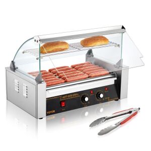 VEVOR Hot Dog Roller 7 Rollers 18 Hot Dogs Capacity 1050W with Dual Temp Control Glass Hood Acrylic Cover 