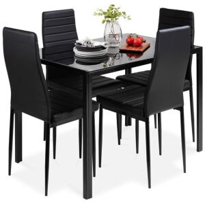 5-Piece Dining Table Set w/ Glass Top, Leather Chairs 