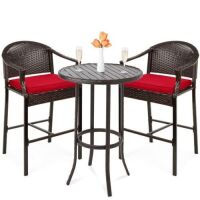 3-Piece Outdoor Bistro Wicker Table Bar Set w/ Bar Stools, Footrests&nbsp;