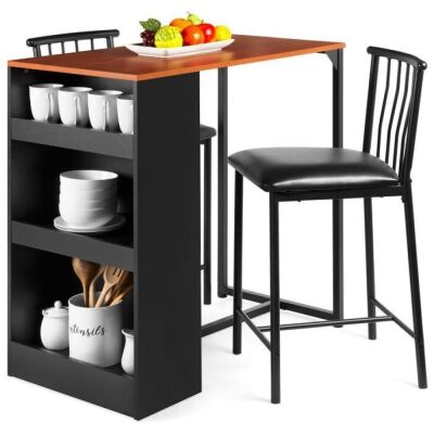 3-Piece Counter Height Kitchen Dining Table Set w/ Storage Shelves 