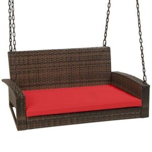 Woven Wicker Hanging Porch Swing Bench w/ Mounting Chains, Seat Cushion 