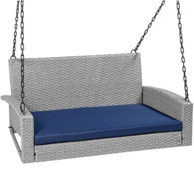 Woven Wicker Hanging Porch Swing Bench w/ Mounting Chains, Seat Cushion 