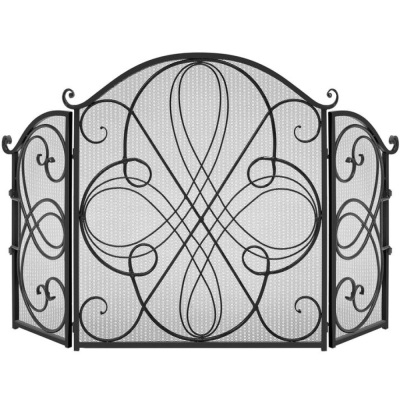 3-Panel Wrought Iron Metal Fireplace Screen Cover w/ Scroll Design - 55x33in 