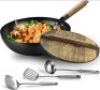 Lot of (2) 12.5" Carbon Steel Flat Bottom Wok Pan with Lid and 3 Utensils - New
