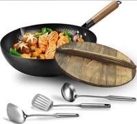 Lot of (2) 12.5" Carbon Steel Flat Bottom Wok Pan with Lid and 3 Utensils - New