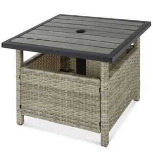 Outdoor Wicker Patio Side Table Accent Furniture w/ Umbrella Hole 