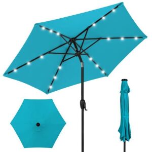 Outdoor Solar Patio Umbrella w/ Push Button Tilt, Crank Lift - 7.5ft 