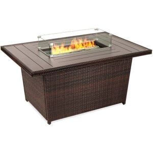 Wicker Propane Fire Pit Table, 50,000 BTU w/ Cover, 52in - No Glass Wind Guard 