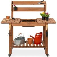Wood Garden Potting Bench w/ Sliding Tabletop, Food Grade Dry Sink, Wheels&nbsp;