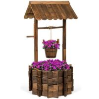 Rustic Wooden Wishing Well Planter Yard Decoration w/ Hanging Bucket&nbsp;