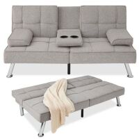 Linen Upholstered Convertible Sofa Bed Futon w/ 2 Cupholders&nbsp;