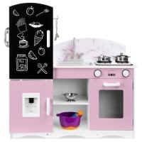 Wooden Pretend Play Kitchen Toy Set for Kids w/ Chalkboard, Marble Backdrop