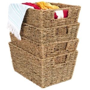 Set of 4 Seagrass Storage Tote Baskets, Laundry Organizer w/ Insert Handles 