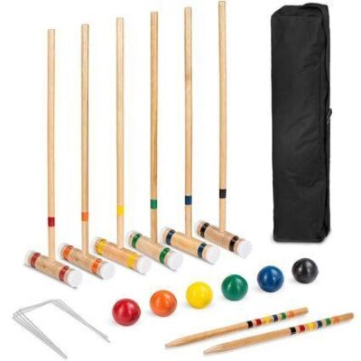 6-Player Wood Croquet Set w/ 6 Mallets, 6 Balls, Wickets, Stakes, Bag - 32in 