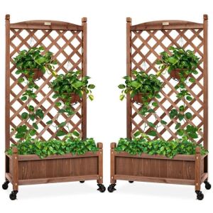 Set of 2 Wood Planter Box & Lattice Trellis w/ Optional Wheels - 48in 