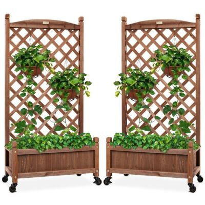 Set of 2 Wood Planter Box & Lattice Trellis w/ Optional Wheels - 48in 