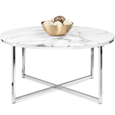 Round Coffee Table w/ Faux Marble Top, Metal Frame - 36in 