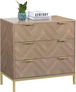 Anmytek Mid Century Modern 3 Drawer Chest Dresser, Natural Oak with Gold Metal Legs