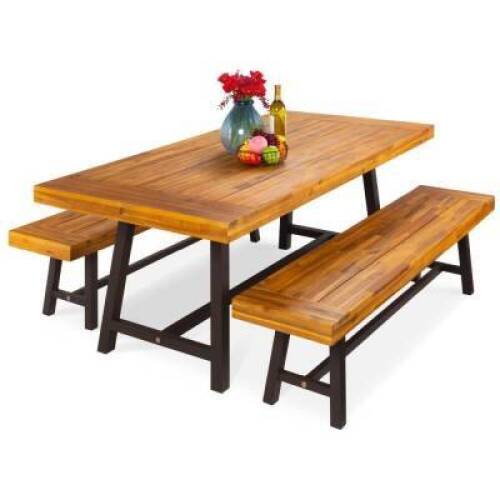 3-Piece Indoor Outdoor Acacia Wood Picnic Dining Table Furniture, Seats Up to 6&nbsp;